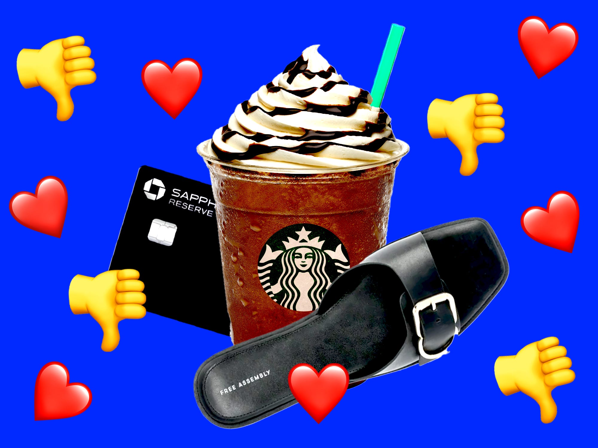 photo collage of starbucks frappuccino, chase sapphire reserve and buckle sandal from Walmart with like and dislike emoji buttons