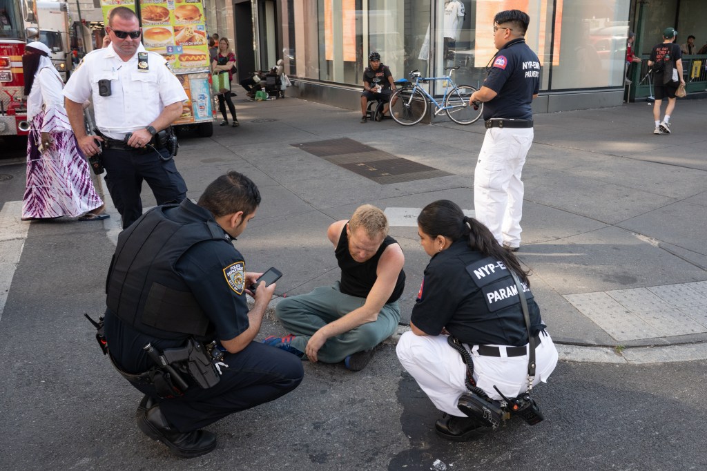 Police officers and paramedics assisting a person on the street.