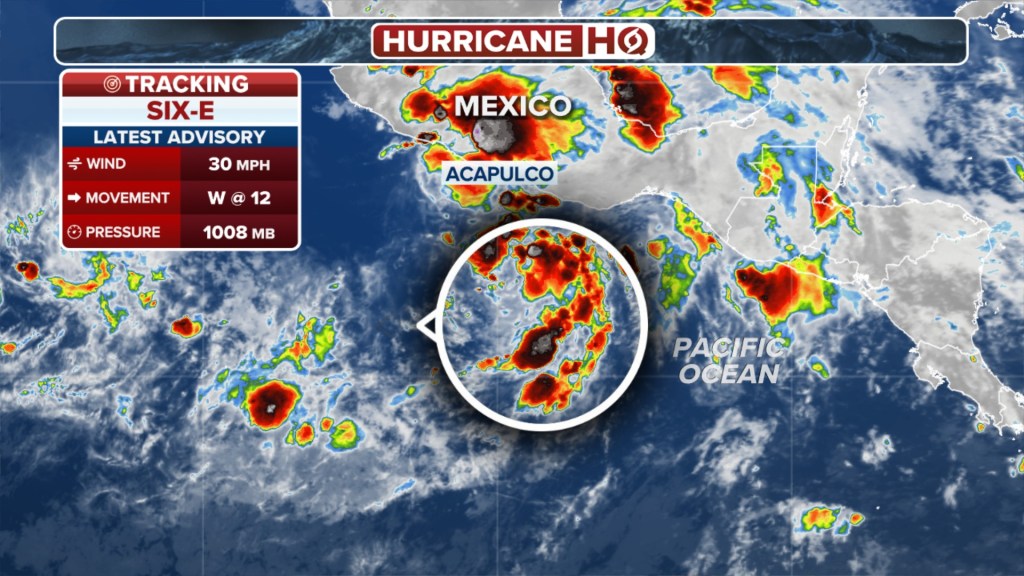 Map of Tropical Depression Six-E in the Eastern Pacific, expected to become Hurricane Flossie.