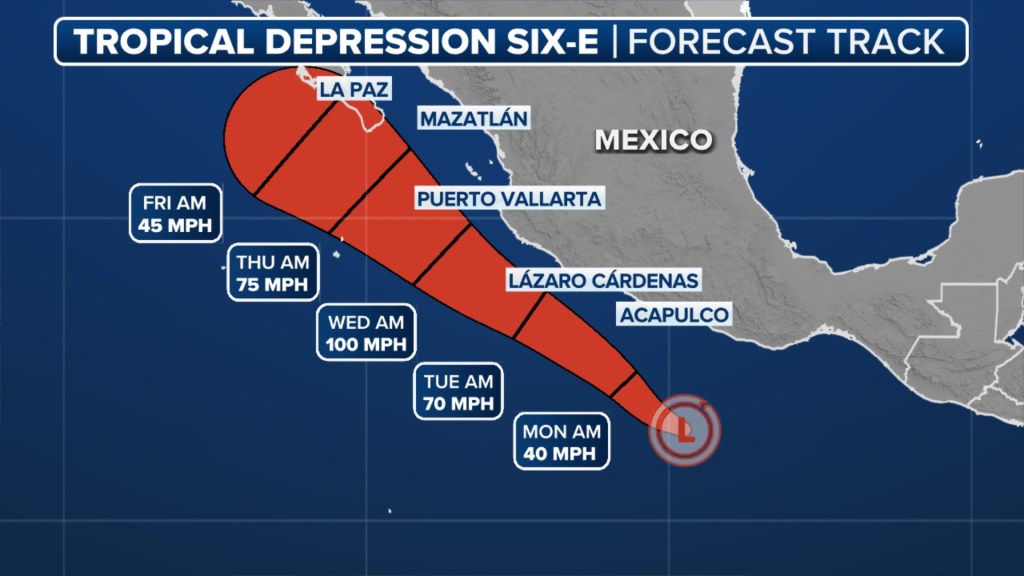 Map of Tropical Depression Six-E forecast track.