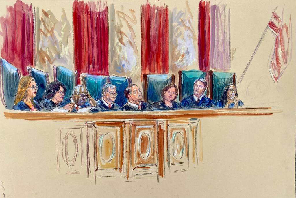 Illustration of Supreme Court justices announcing opinions.