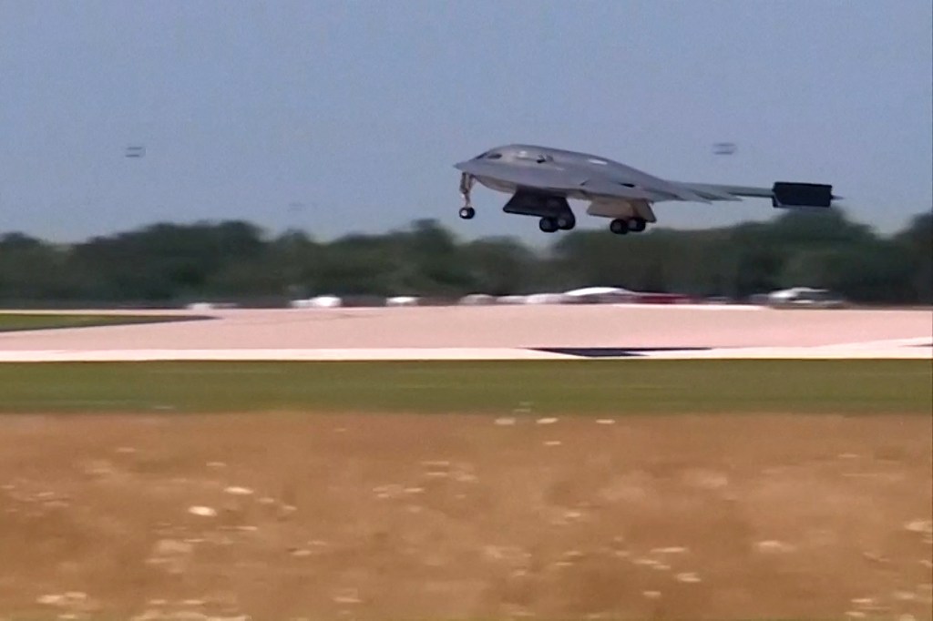 B-2 stealth bomber landing at Whiteman Air Force Base.