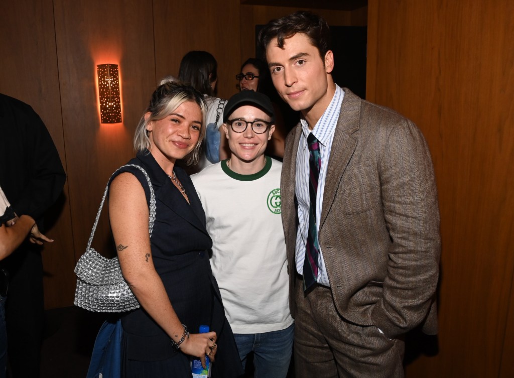 Julia Shiplett, Elliot Page and Benito Skinner at a screening in 2025