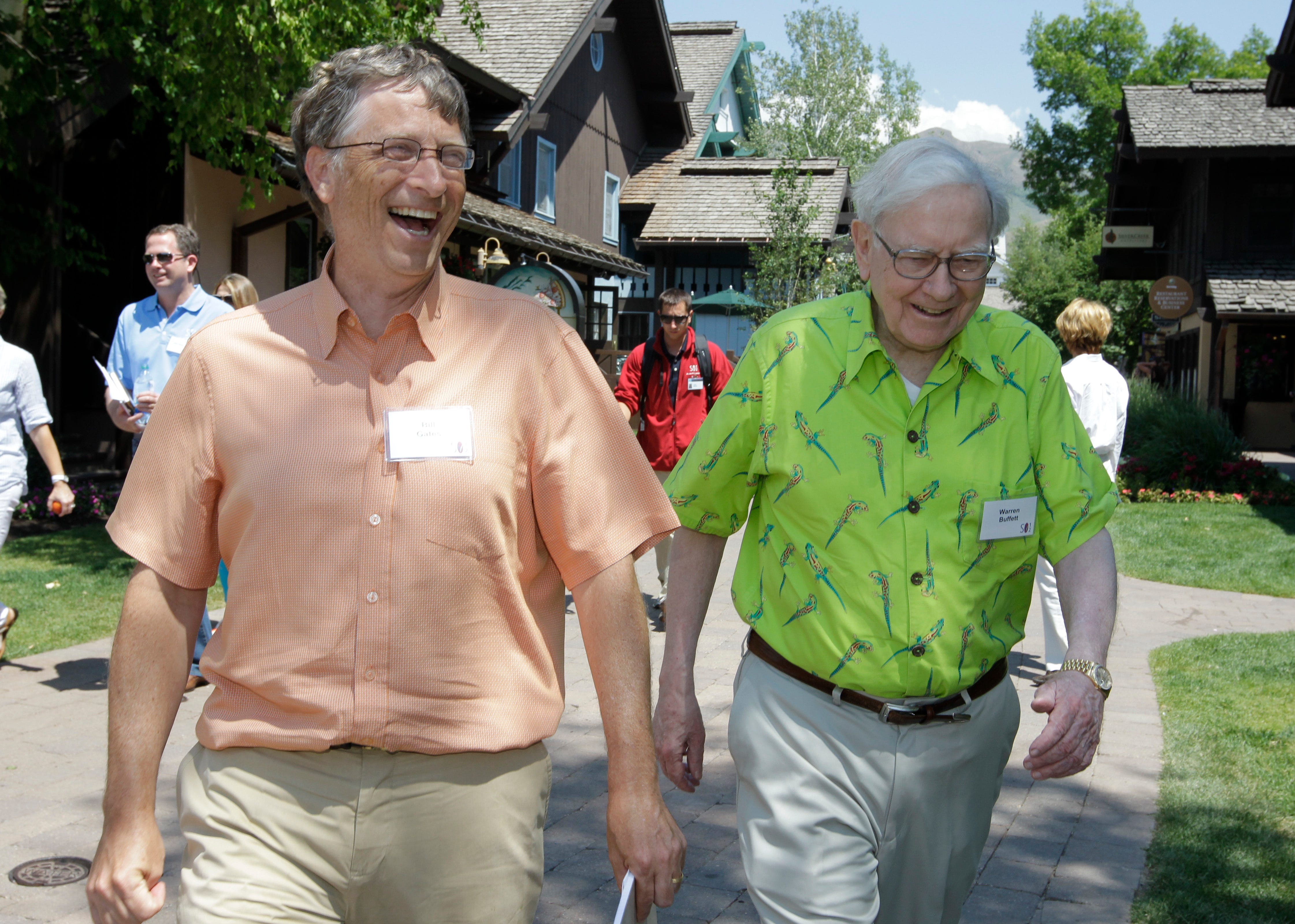 Billionaire investor Warren Buffett, right, and Microsoft Chairman and co-founder Bill Gates, left, at the Allen & Company Sun Valley Conference in Sun Valley, Idaho, Thursday, July 12, 2012.