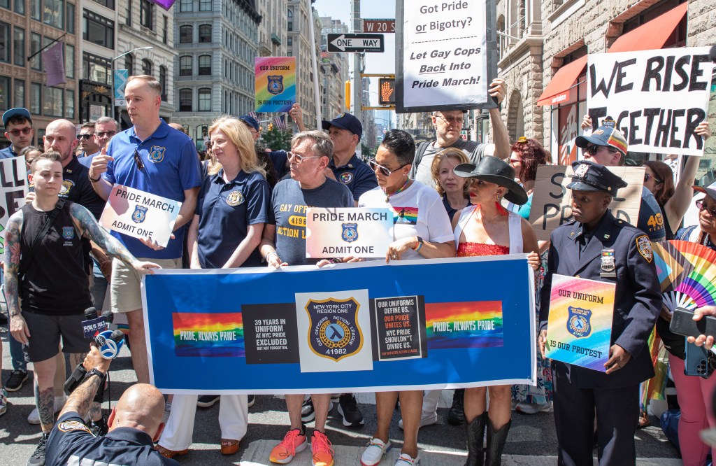 NYPD Commissioner Jessica Tisch joins gay officers protesting exclusion from the Pride parade.