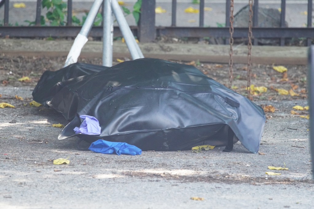 Body bag on the ground near the Hudson River.