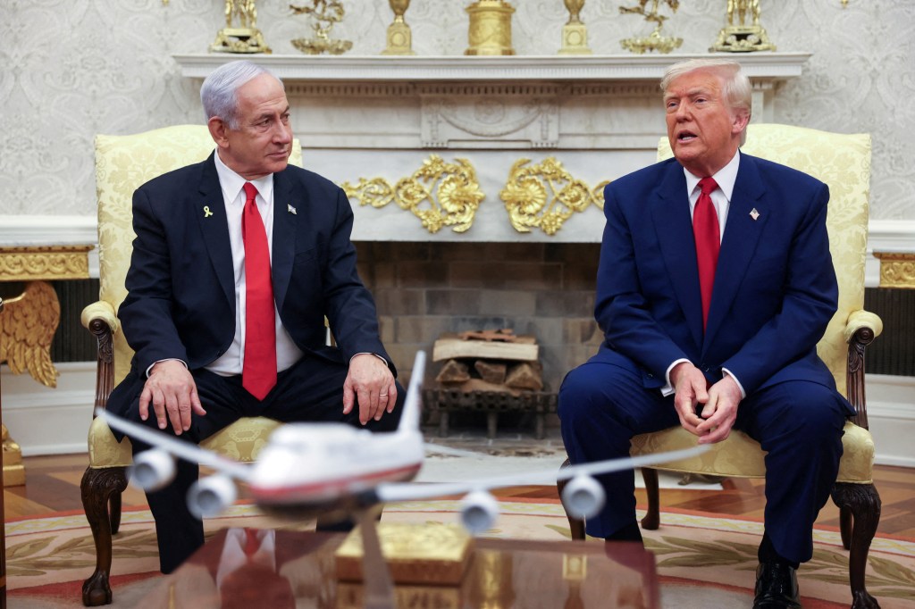 President Donald Trump meets with Israeli Prime Minister Benjamin Netanyahu in the Oval Office at the White House in Washington, U.S., April 7, 2025.