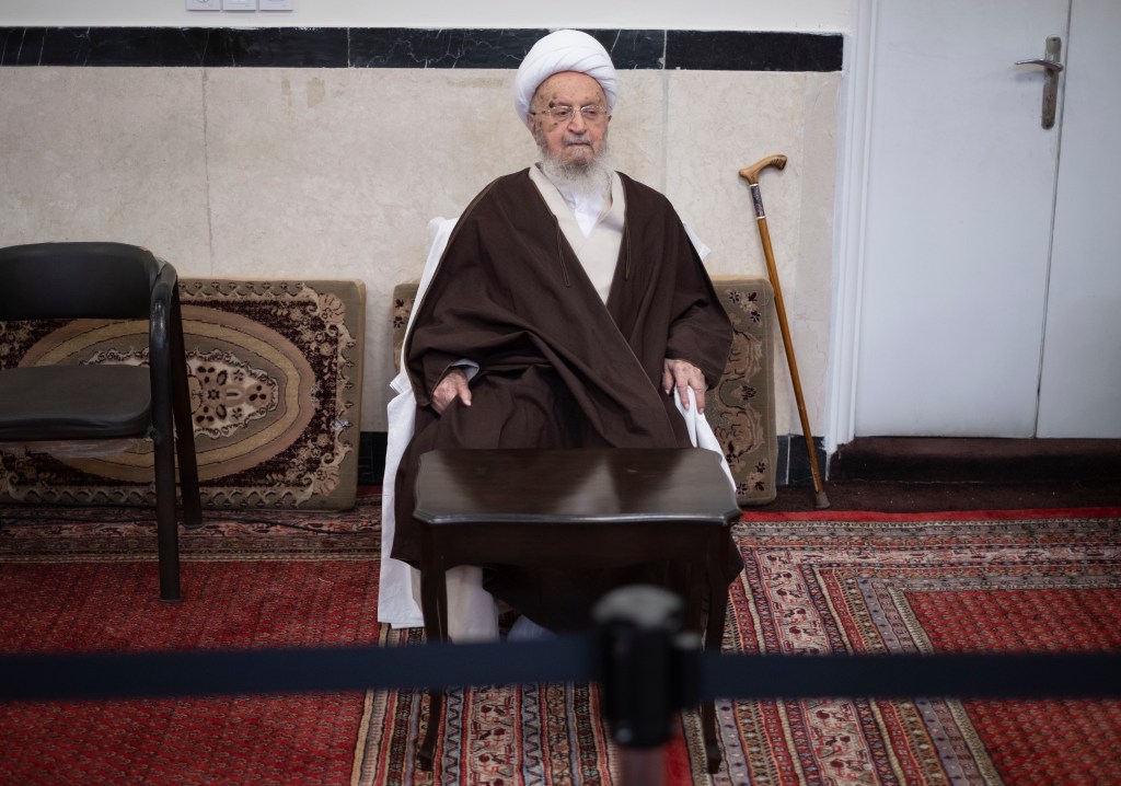 Grand Ayatollah Naser Makarem Shirazi is attending a turban-wearing ceremony at a seminary in the holy city of Qom, 145 km (90 miles) south of Tehran, on February 8, 2024. 