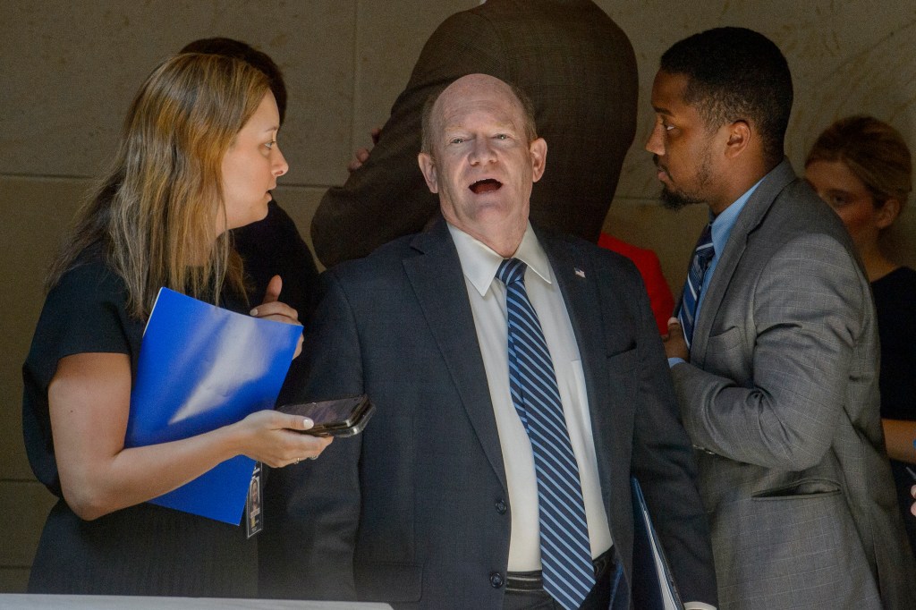 Sen. Chris Coons, D-Del., departs following a classified briefing on President Donald Trump's directed strikes on Iranian nuclear facilities last weekend, at the Capitol in Washington, Thursday, June 26, 2025.