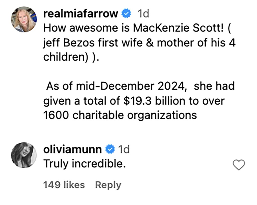 Mia Farrow's Instagram post Saturday