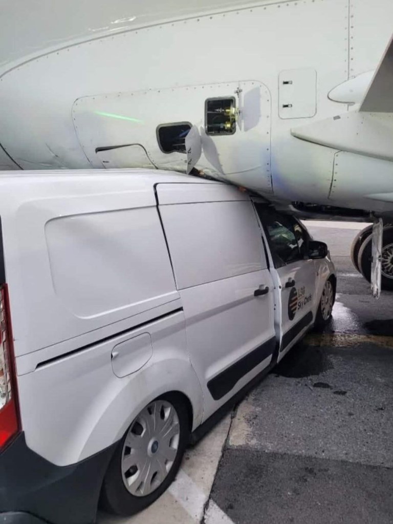 Van crashed into parked airplane.