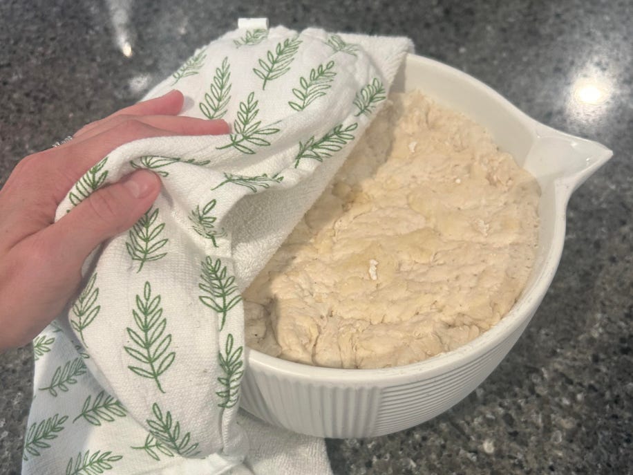 Easy, no-knead focaccia after the first proof, courtesy of the writer.