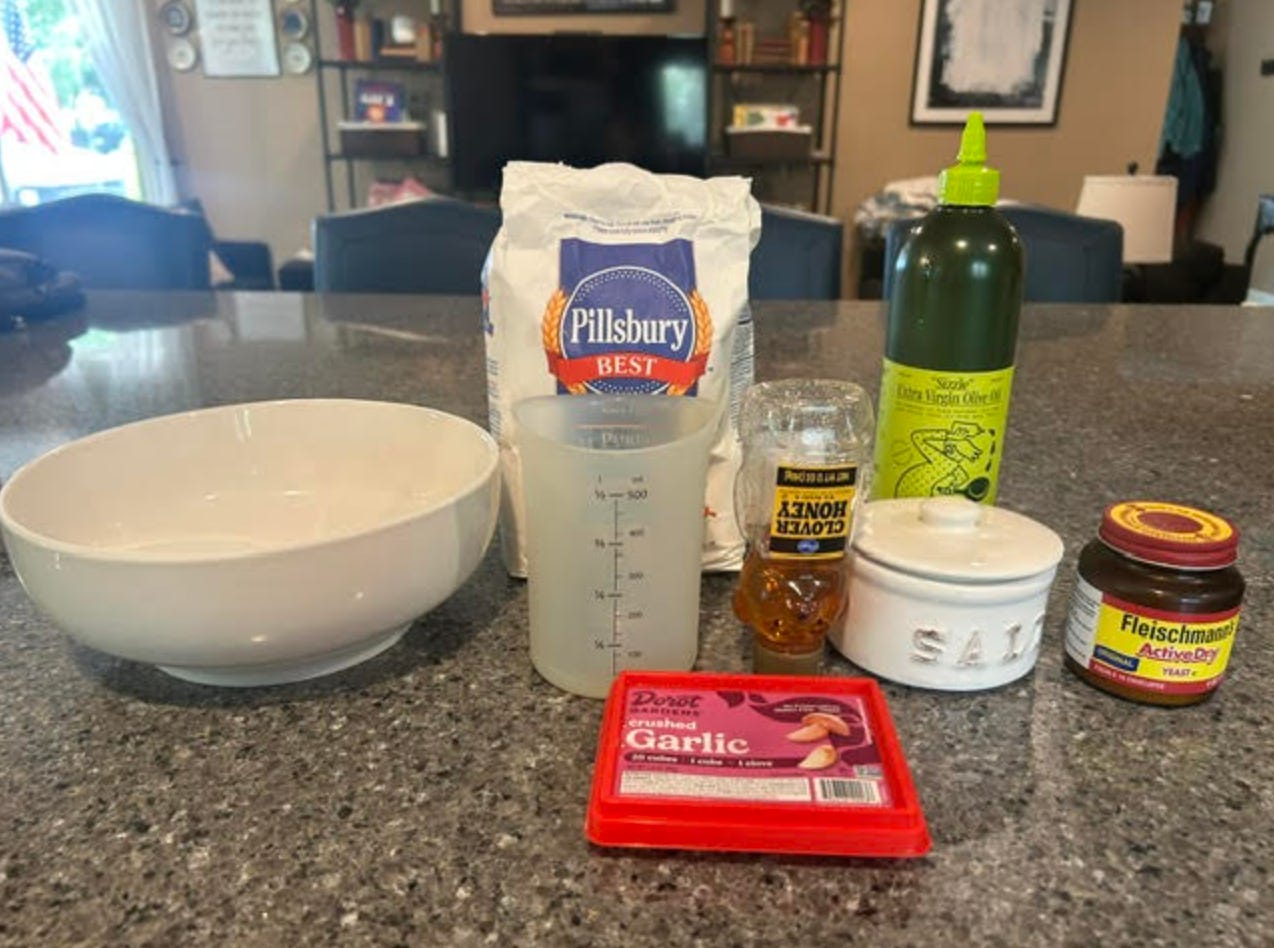 The ingredients used to make easy, no-knead focaccia.