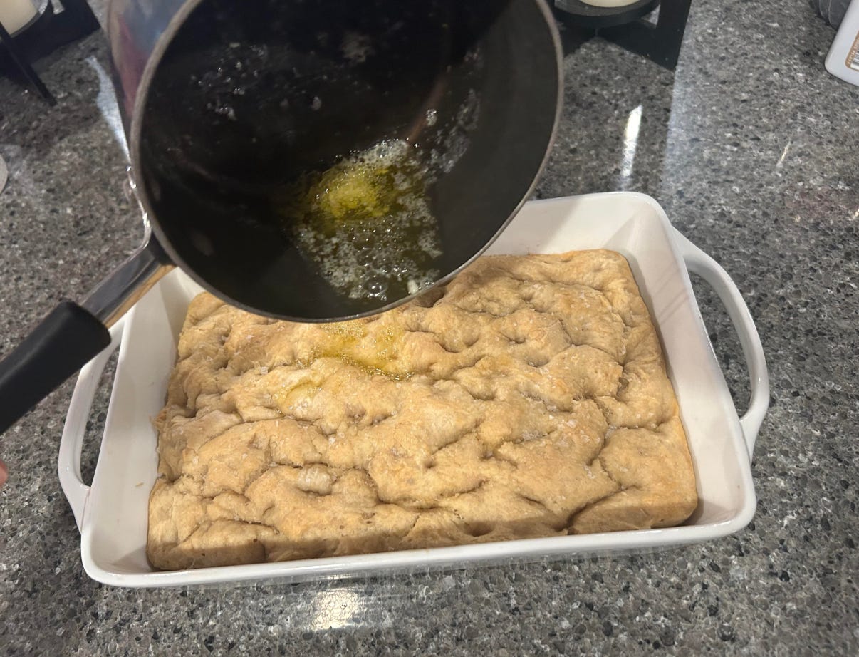 Easy, no-knead focaccia made by the writer.