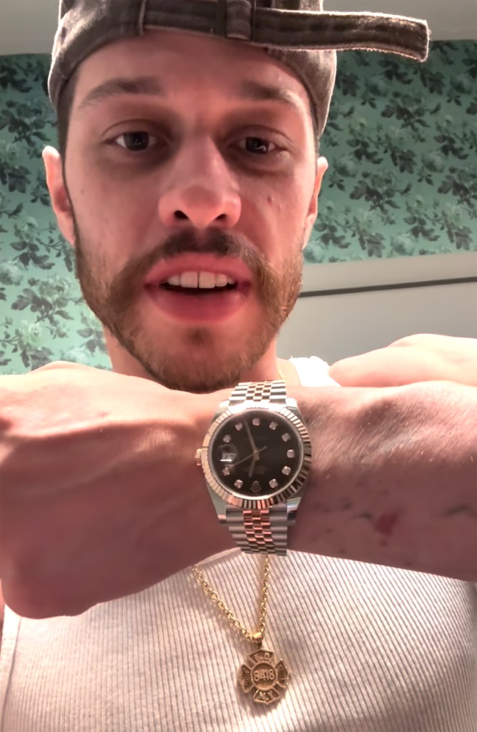 Pete Davidson wearing his new Rolex watch. 