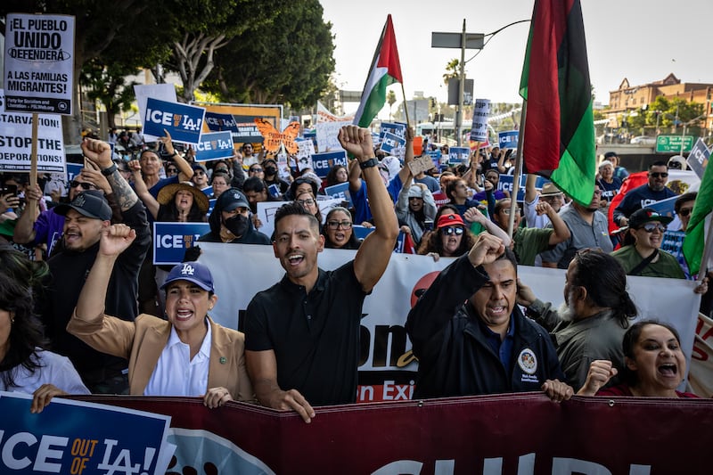 People gathered in Los Angeles to protest ICE raids.