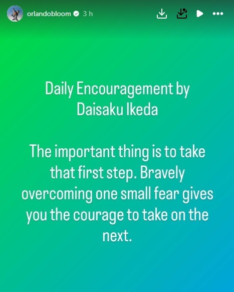 Orlando Bloom's Instagram Story quoting Daisaku Ikeda.