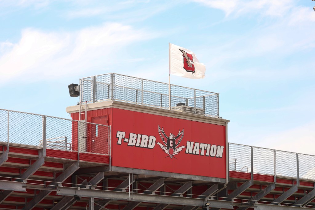 Connetquot High School's T-Bird Nation sign and flag.