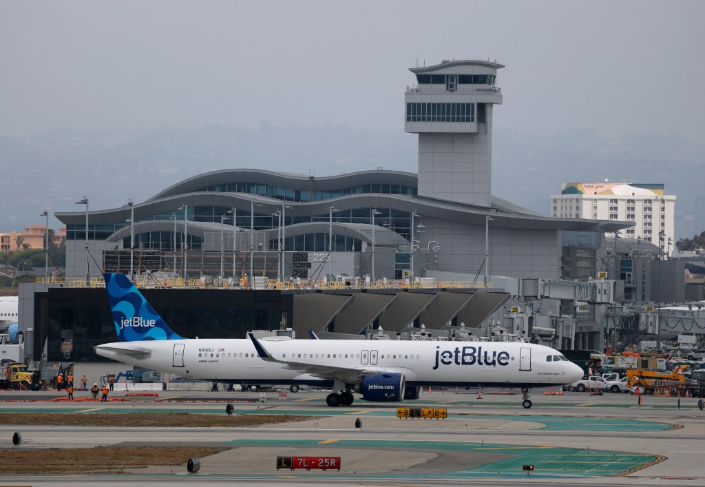 JetBlue airplane at an airport.