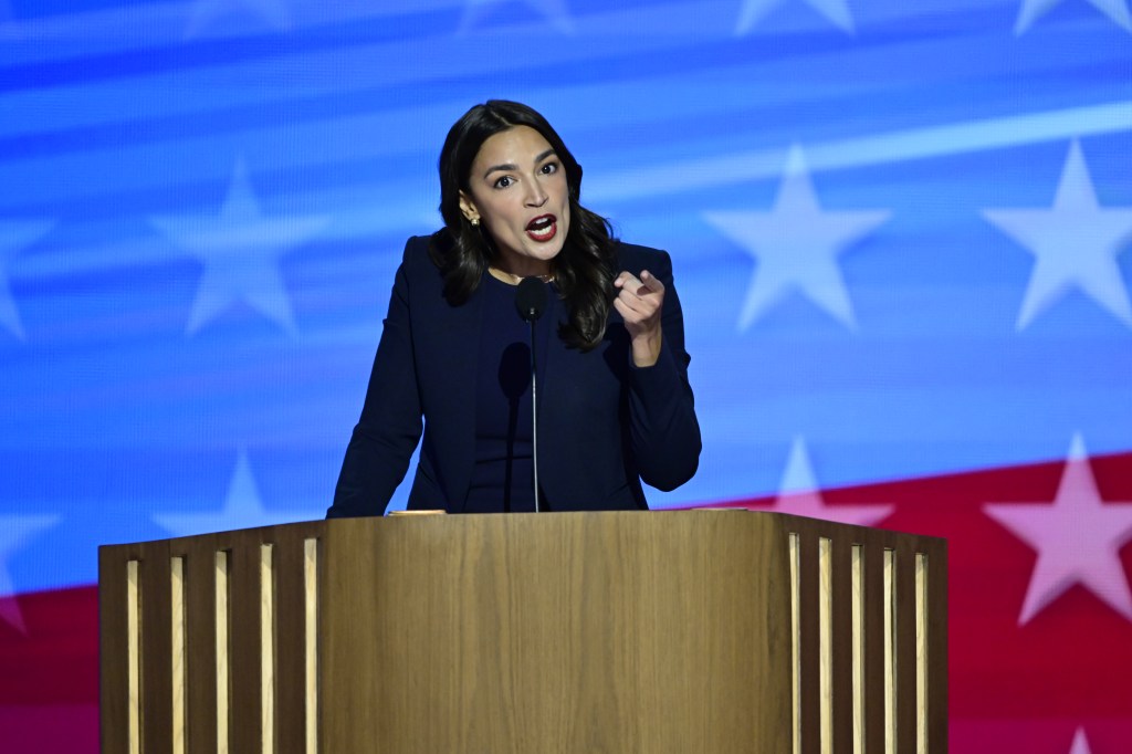 Alexandria Ocasio-Cortez speaking at the 2024 Democratic National Convention.