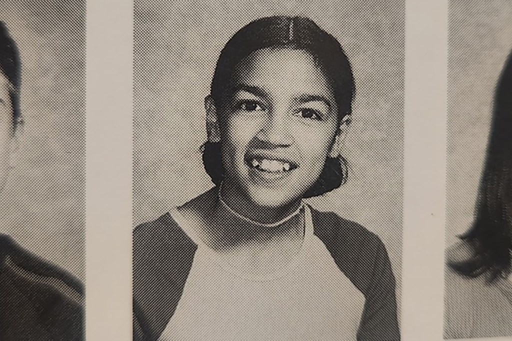 Black and white yearbook photo of Alexandria Ocasio-Cortez.
