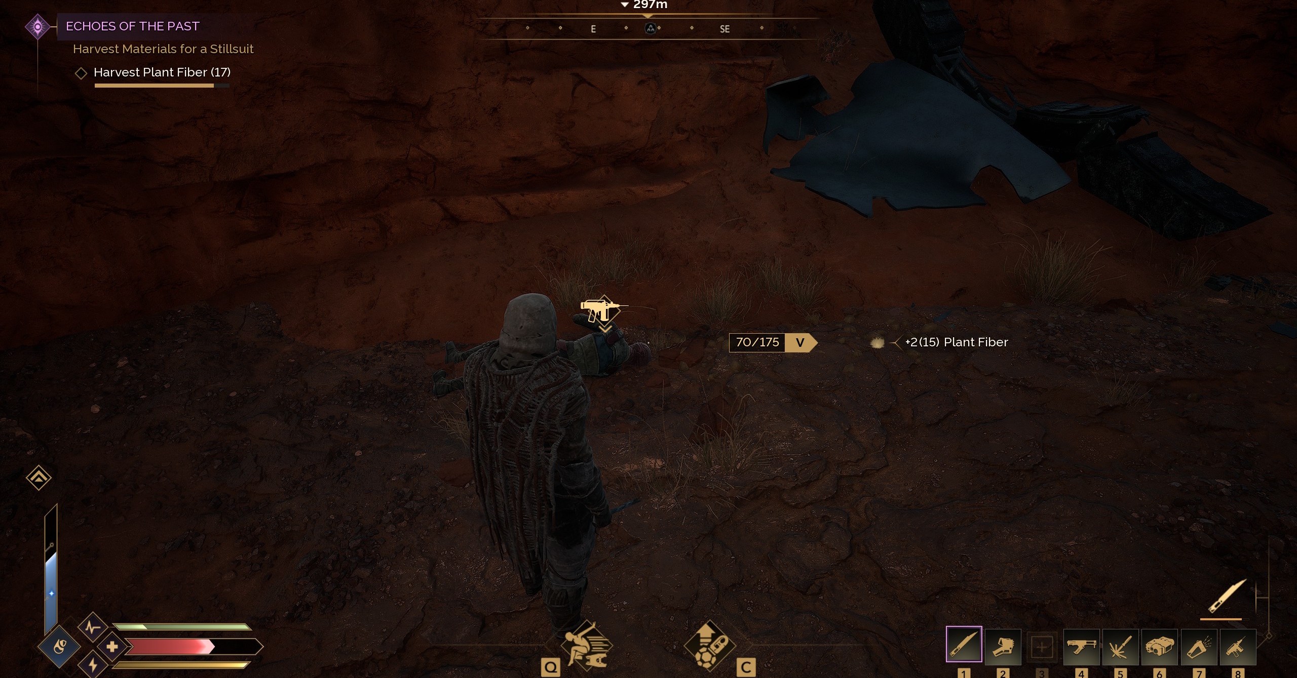 A Dune Awakening player standing over a fallen enemy, preparing to extract blood