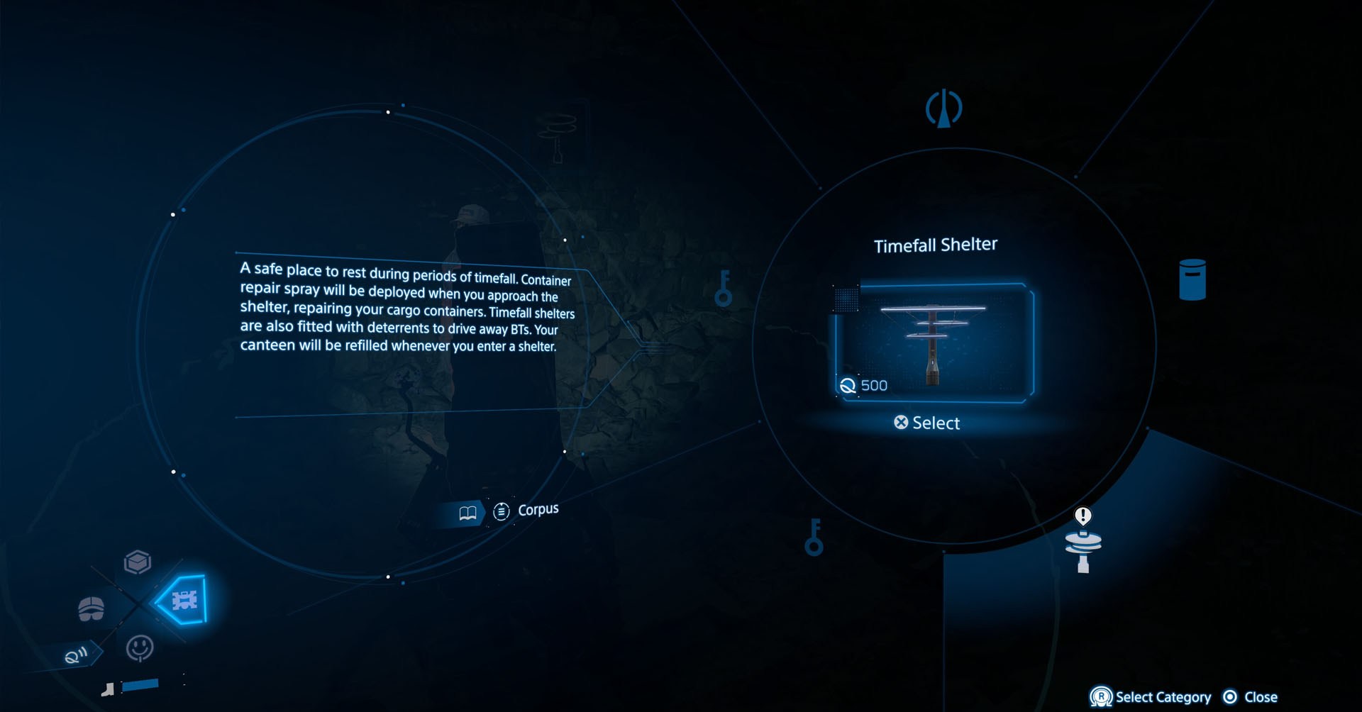 A Death Stranding 2 screenshot showing the menu where you can create a Timefall Shelter.