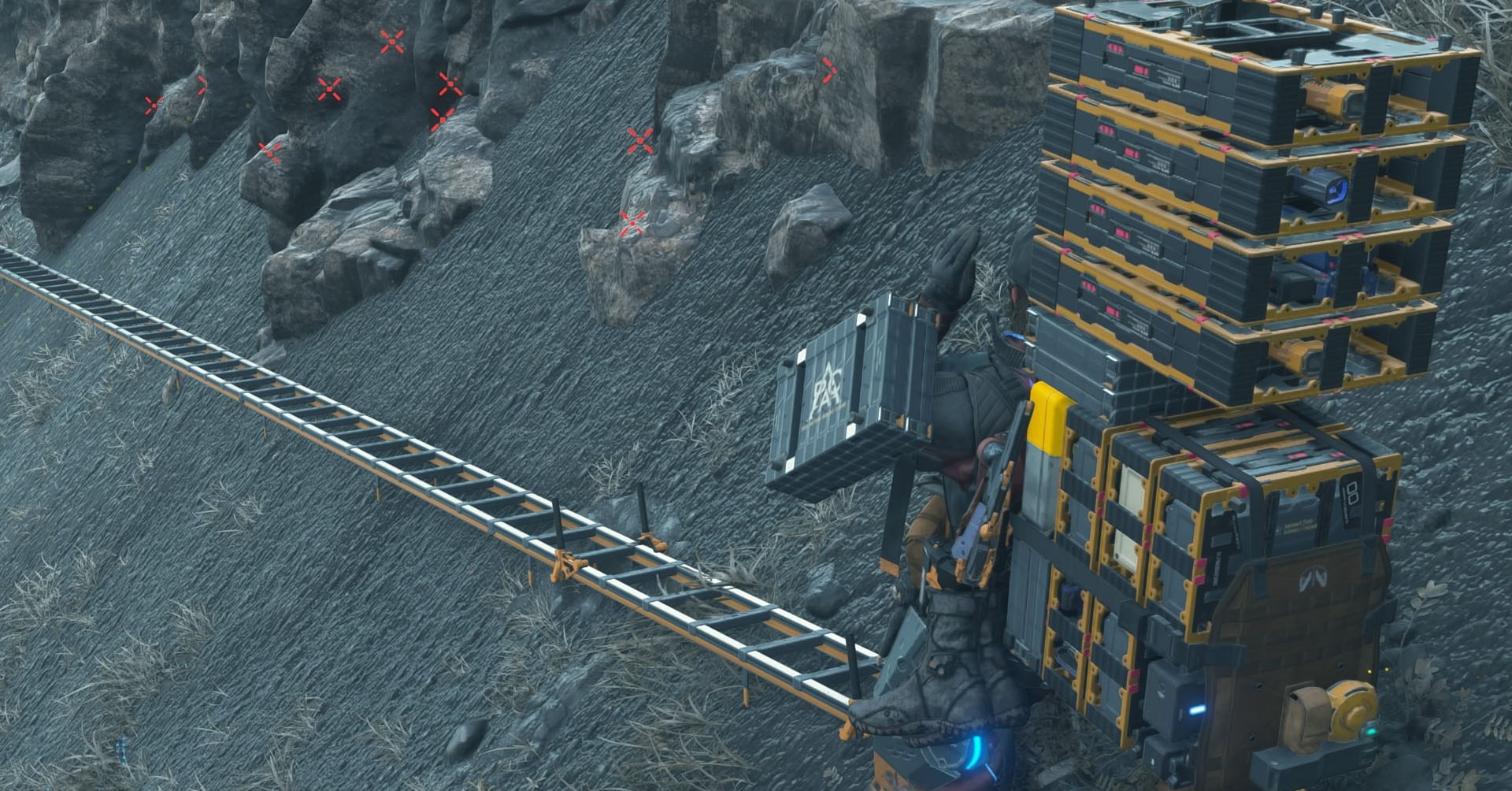 A Death Stranding 2 screenshot showing a character in front of a ladder on the ground.