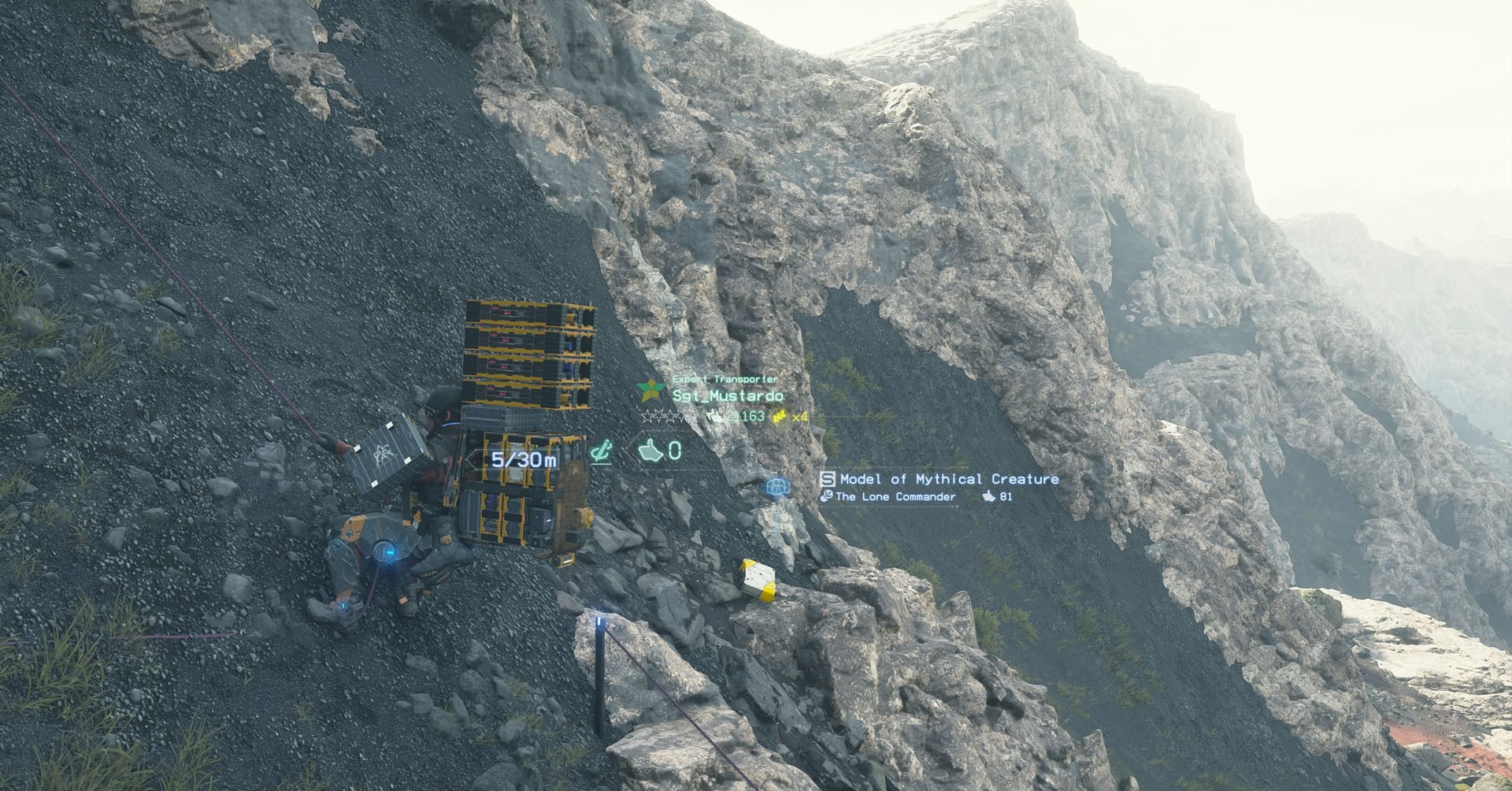 A Death Stranding 2 screenshot using a climb anchor on a cliff to descend. 
