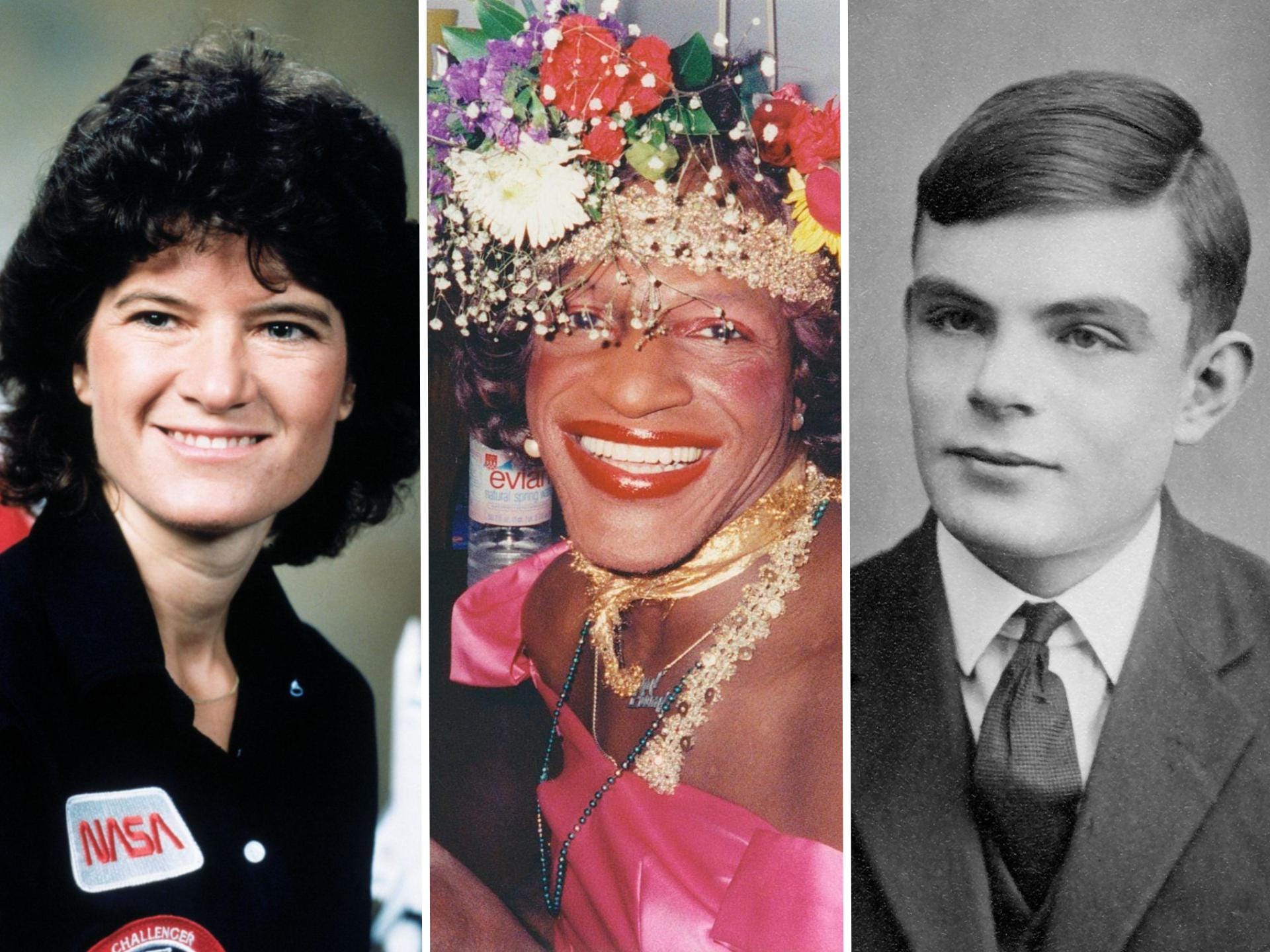 Left to right: Sally Ride, Marsha P. Johnson, Alan Turing