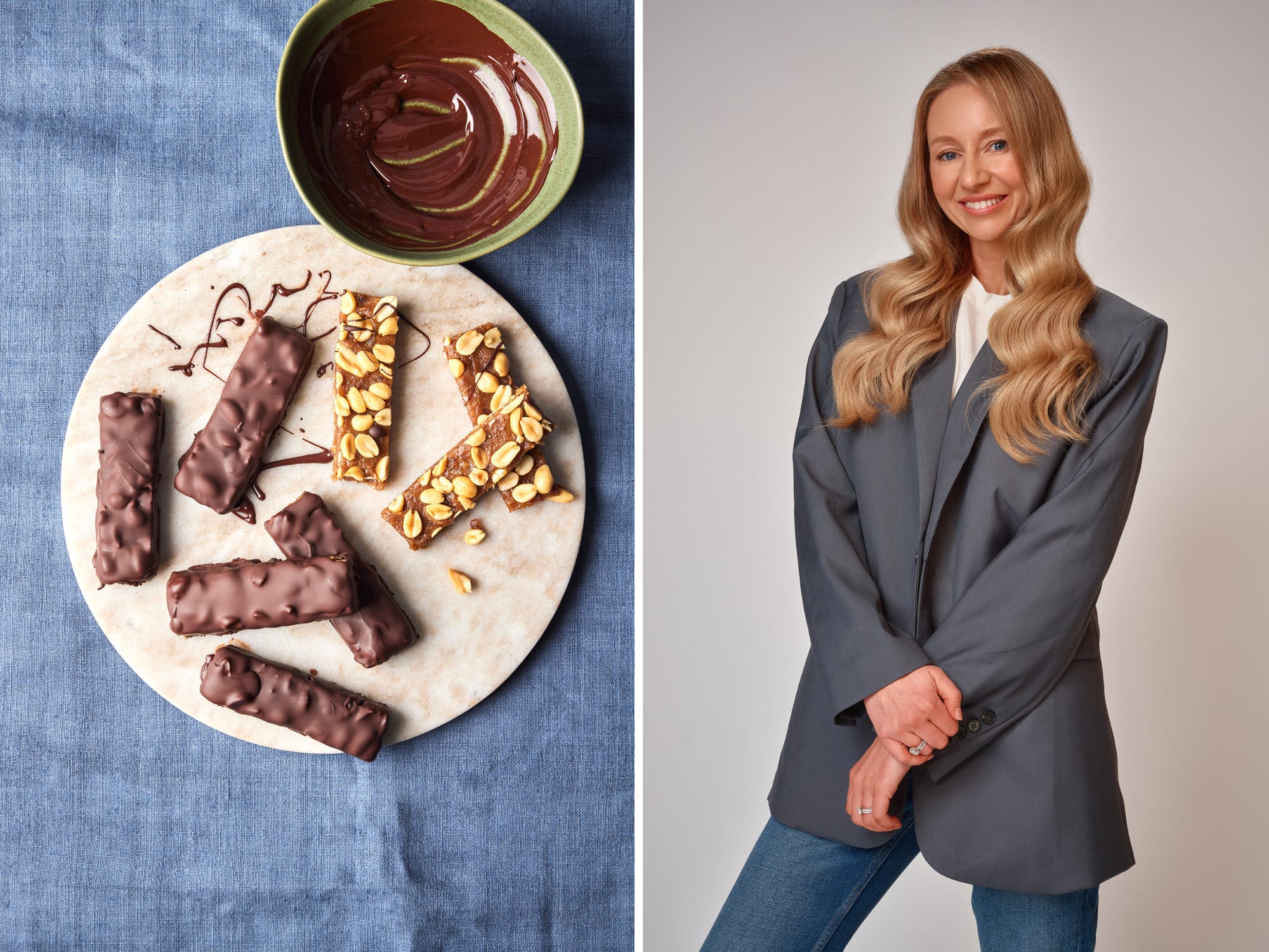 A composite image of chocolate peanut date bars and Rhiannon Lambert