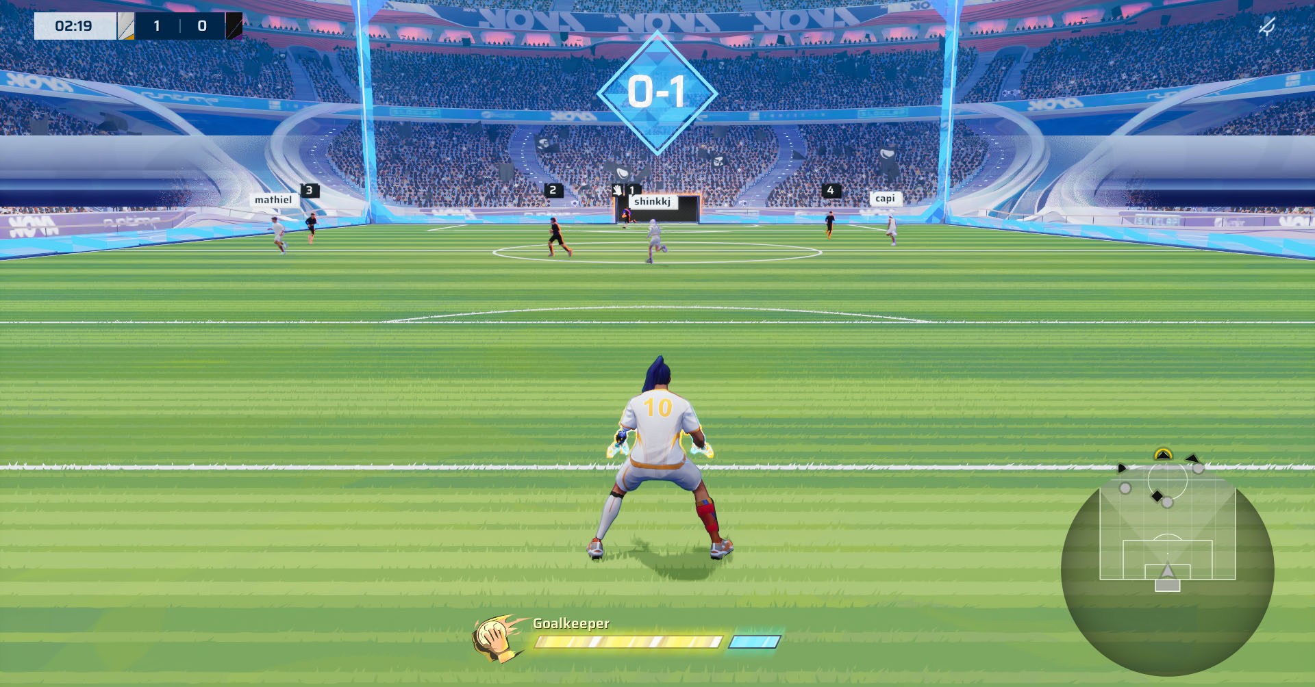 A Rematch screenshot showing the character playing the role of the goalkeeper.