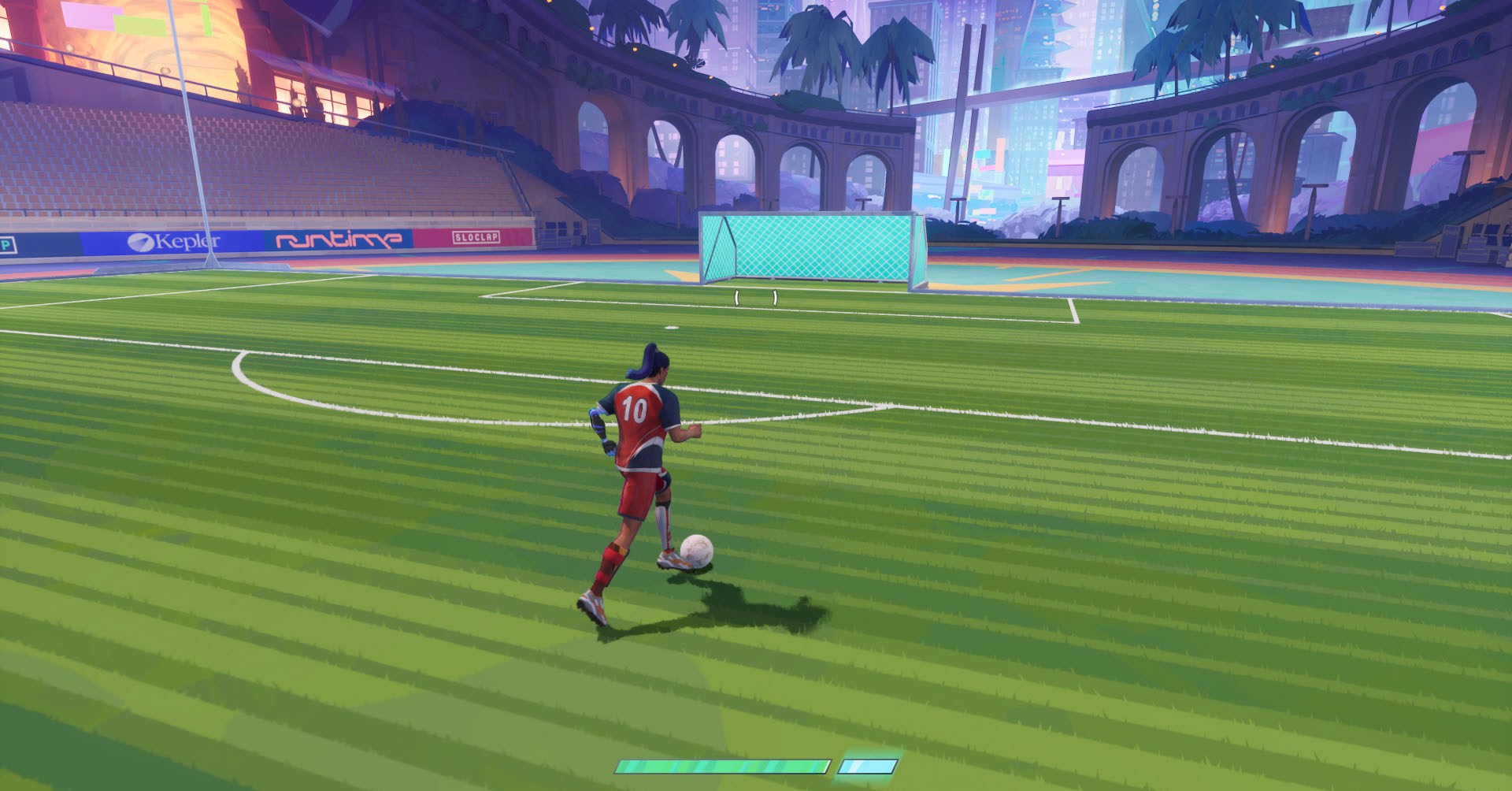 A Rematch screenshot showing a character in the Freeplay mode moving toward the goal.