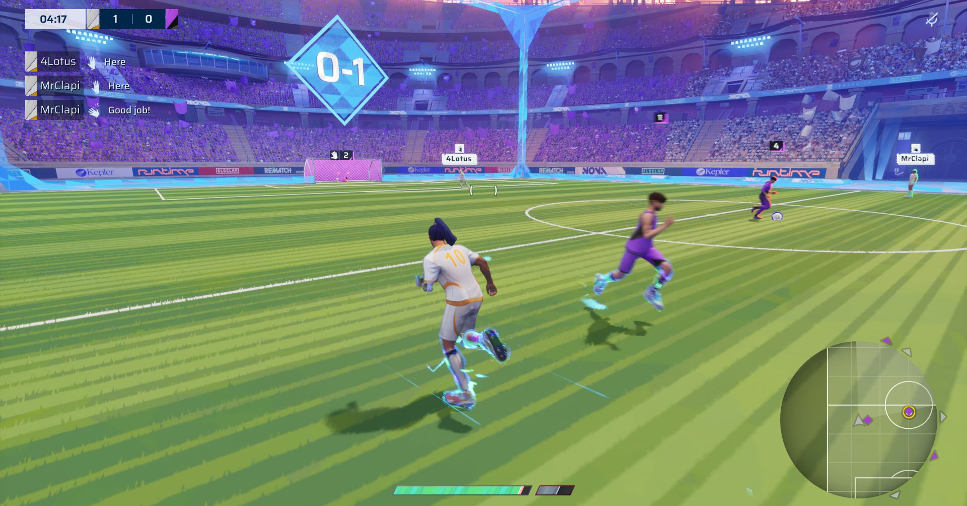A Rematch screenshot showing the character running close to the opposing team.
