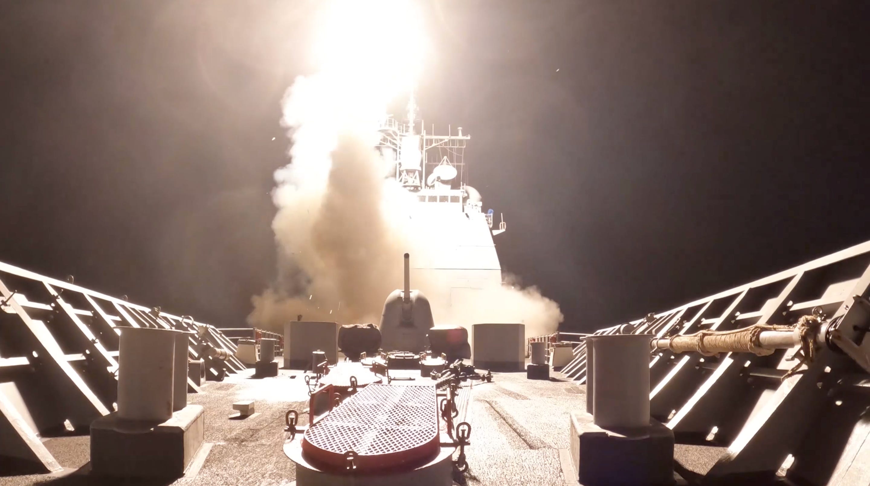 A US Navy warship launches a missile during counter-Houthi operations in March.