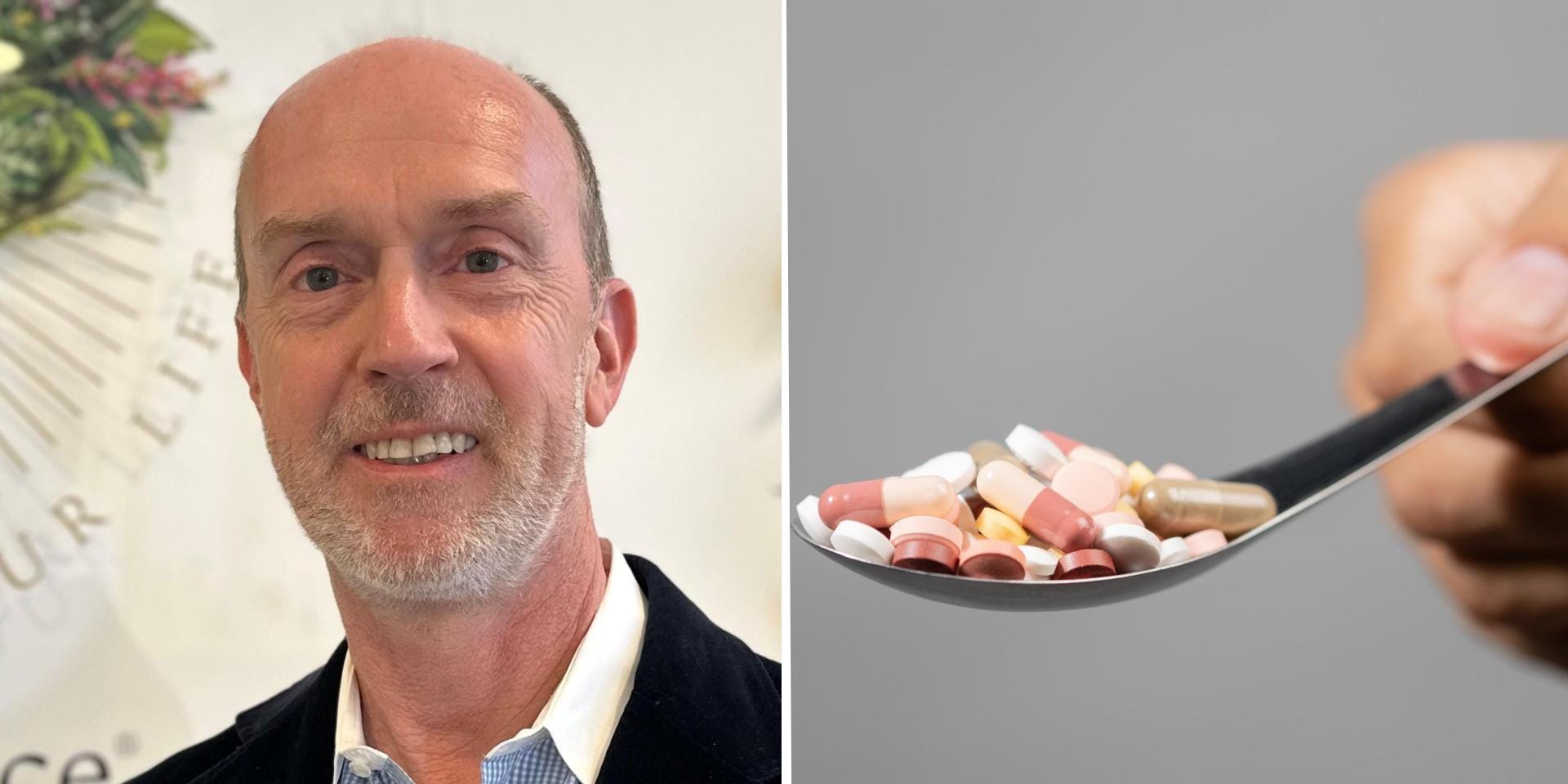 a split image showing a portrait photo of a doctor smiling at the camera next to an image of a spoon filled with various colored and shaped pills and capsules on a gray background.