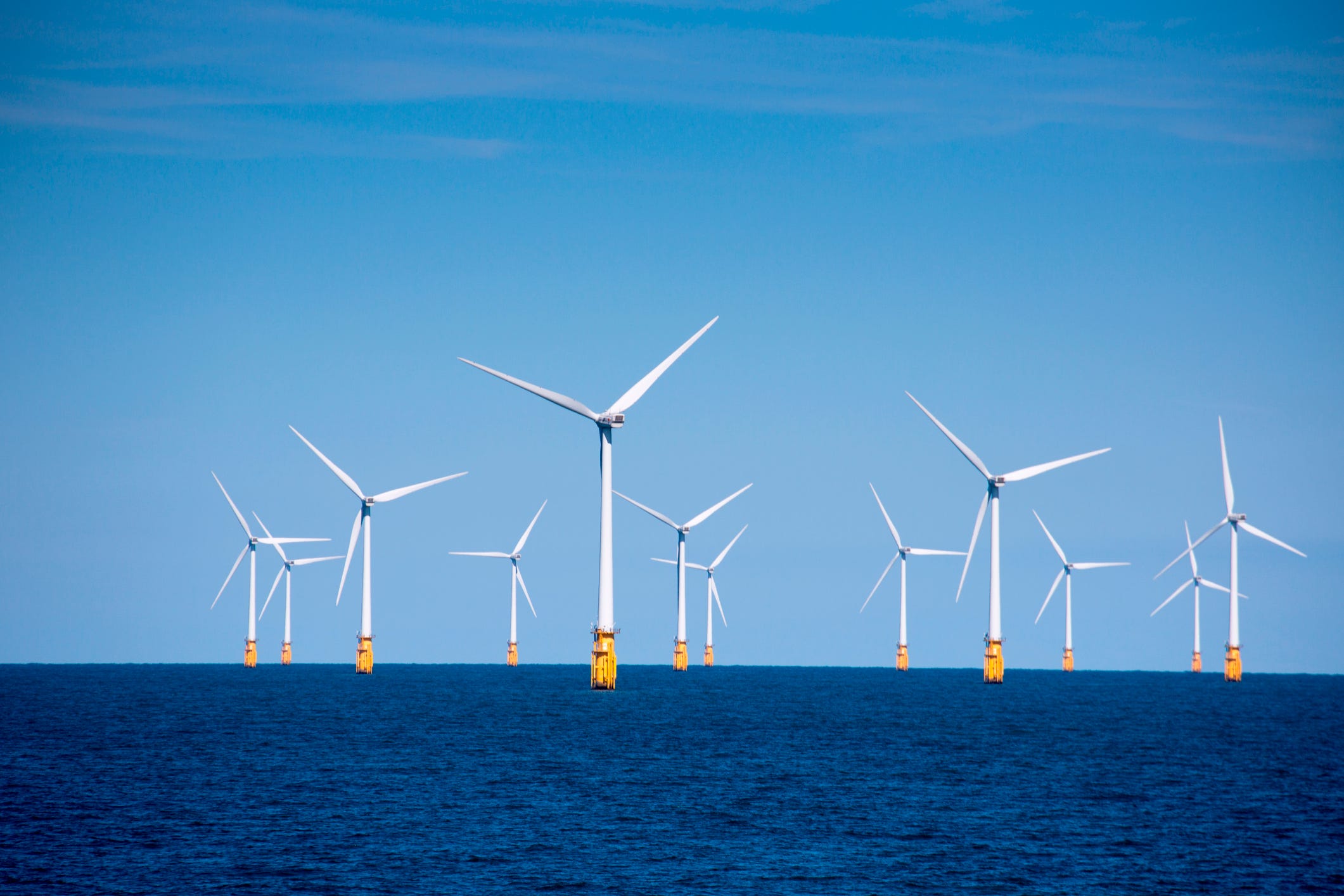 Wind turbines at London Array offshore wind park, North Sea, near England, United Kingdom.