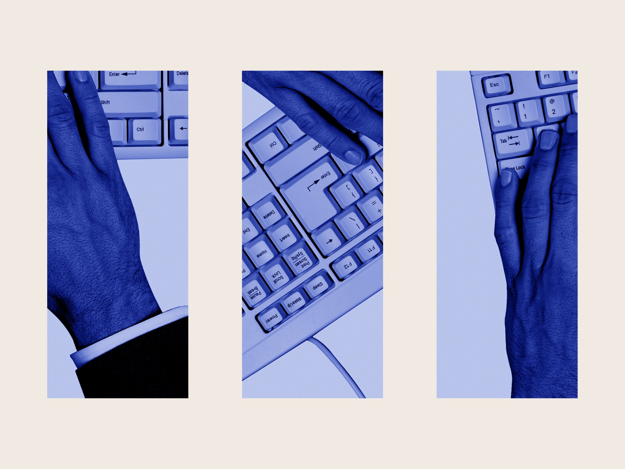 Three hands typing on three keyboards.