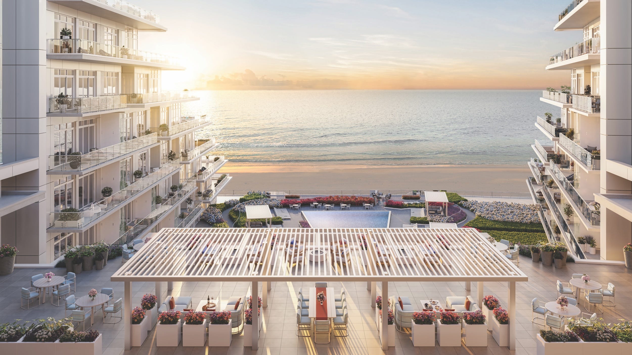 A rendering of an outdoor pool facing the ocean.