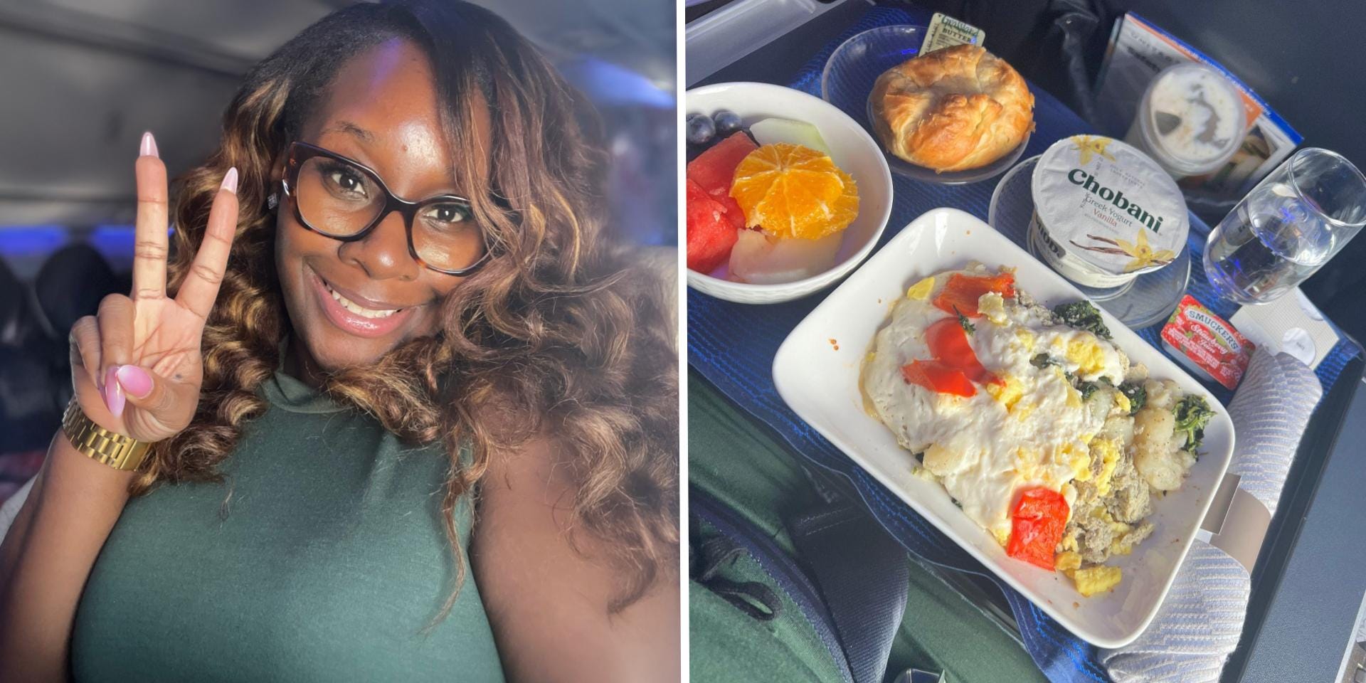 A composite image of Kachelle posing on a plane and a tray with fruit, a pastry, Greek yogurt, an omelette, a glass of water, and a package of strawberry jam on a tray.