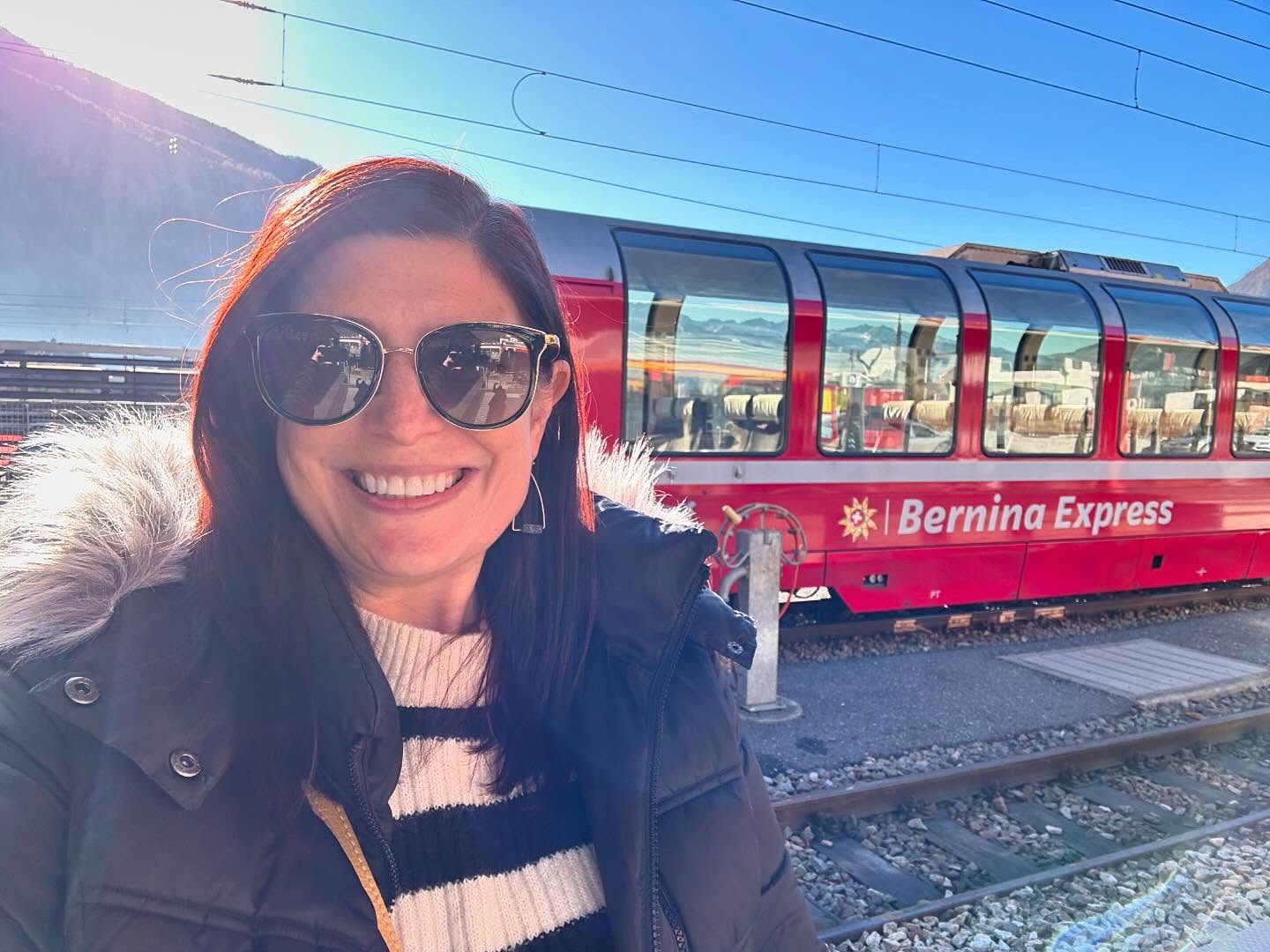Author Amanda Adler near Bernina Express