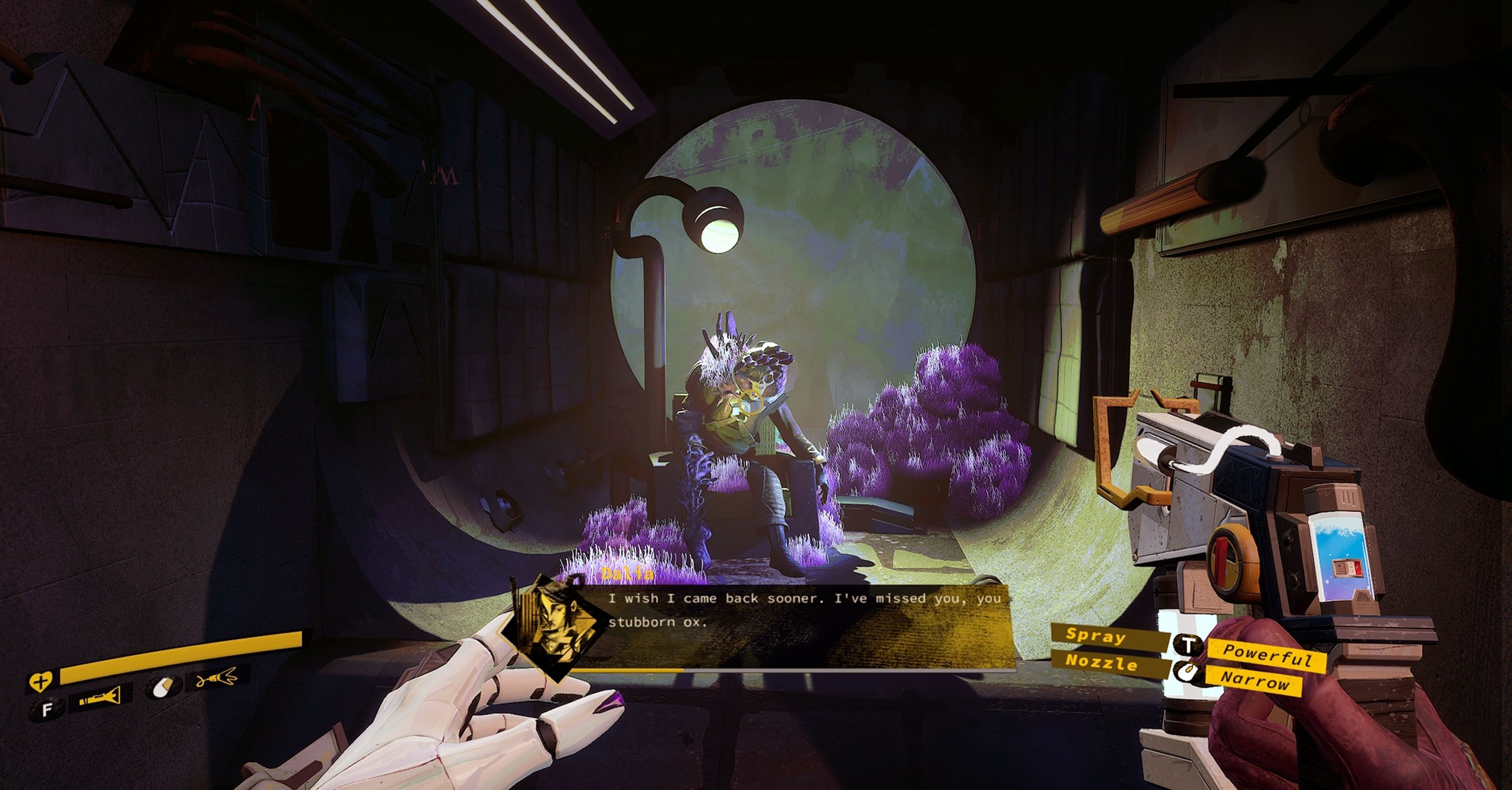 A screenshot from Ambrosia Sky in which Dalia discovers the corpse of someone she once knew, his body now overrun by fungal spores. “I wish I came back sooner. I’ve missed you, you stubborn ox,” she says (via dialog box).