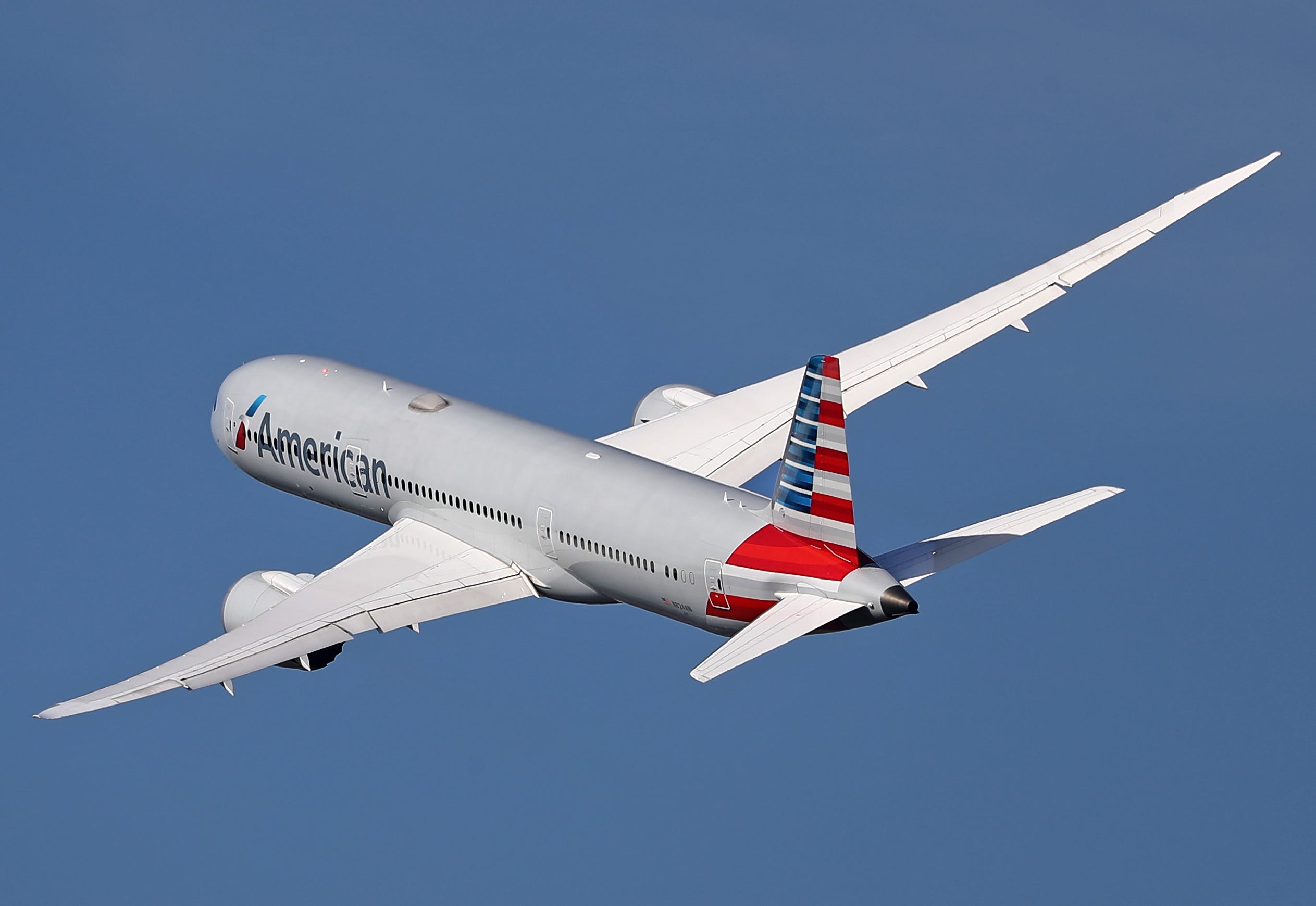 Boeing 787-9 Dreamliner, from American Airlines company, taking off from Barcelona airport, in Barcelona on 24th February 2023.
