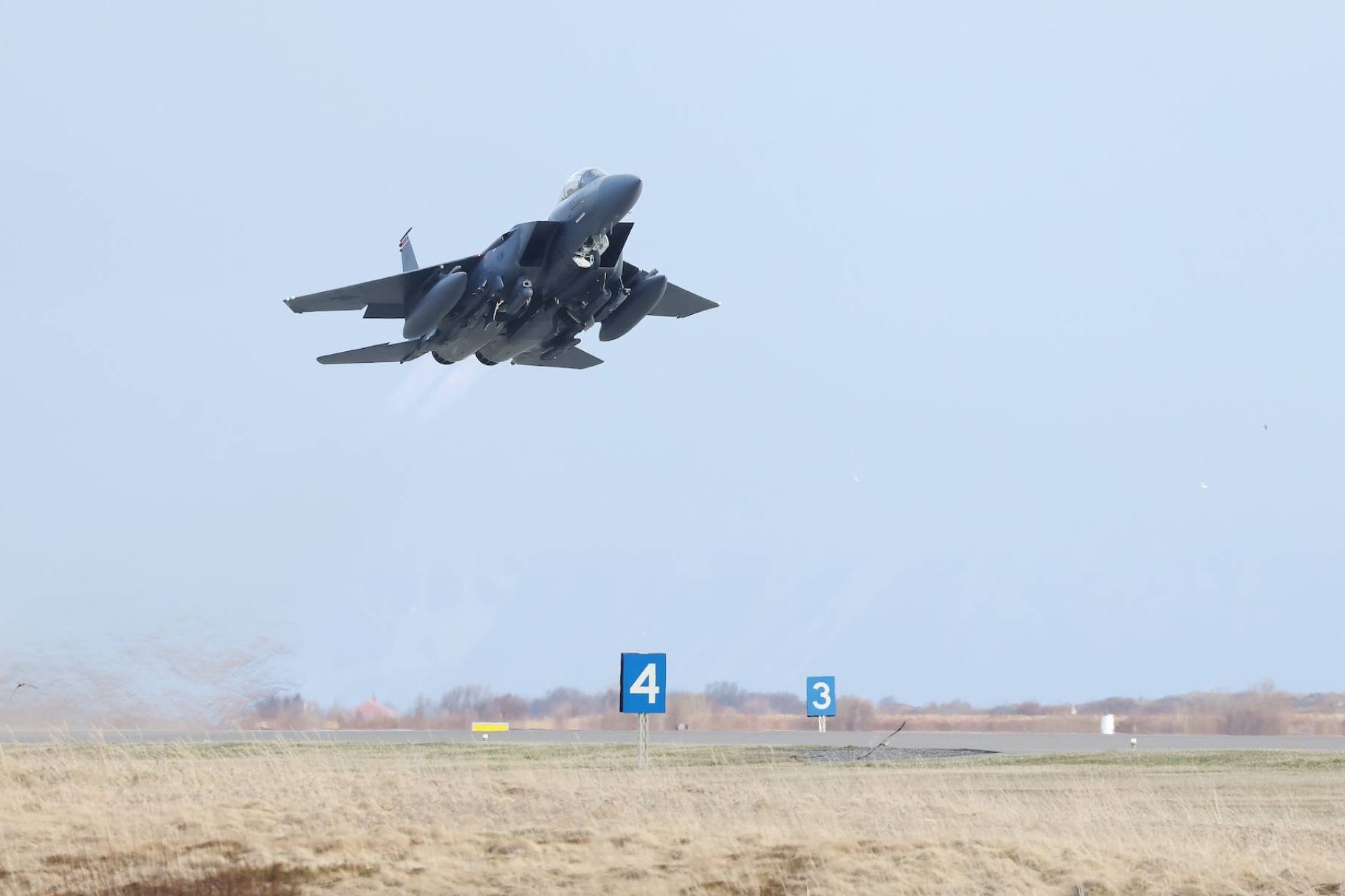 A grey fighter jet in the air against a blue-grey sky and above a yellow grassy ground