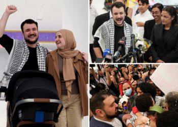 Anti-Israel protester Mahmoud Khalil makes emotional return home, embraces wife, and holds telling press conference with AOC