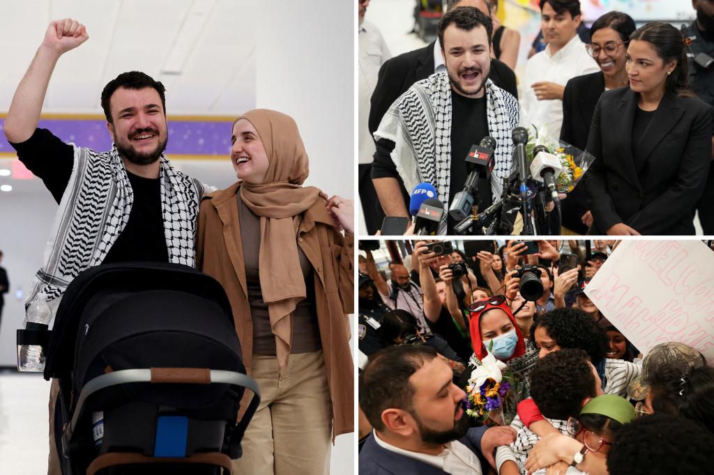 Anti-Israel protester Mahmoud Khalil makes emotional return home, embraces wife, and holds telling press conference with AOC