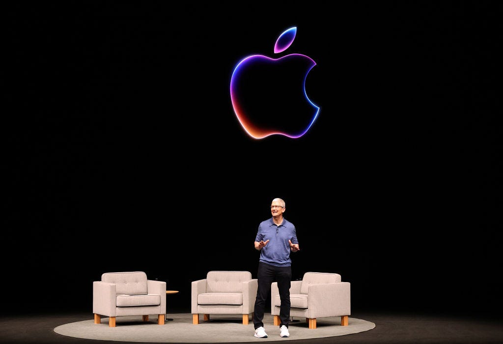 Apple CEO Tim Cook onstage at the company's annual WWDC event, 2024