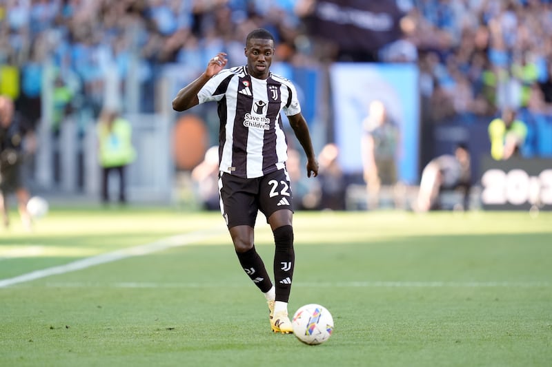 Juventus player Timothy Weah plays against Lazio in March 2025.