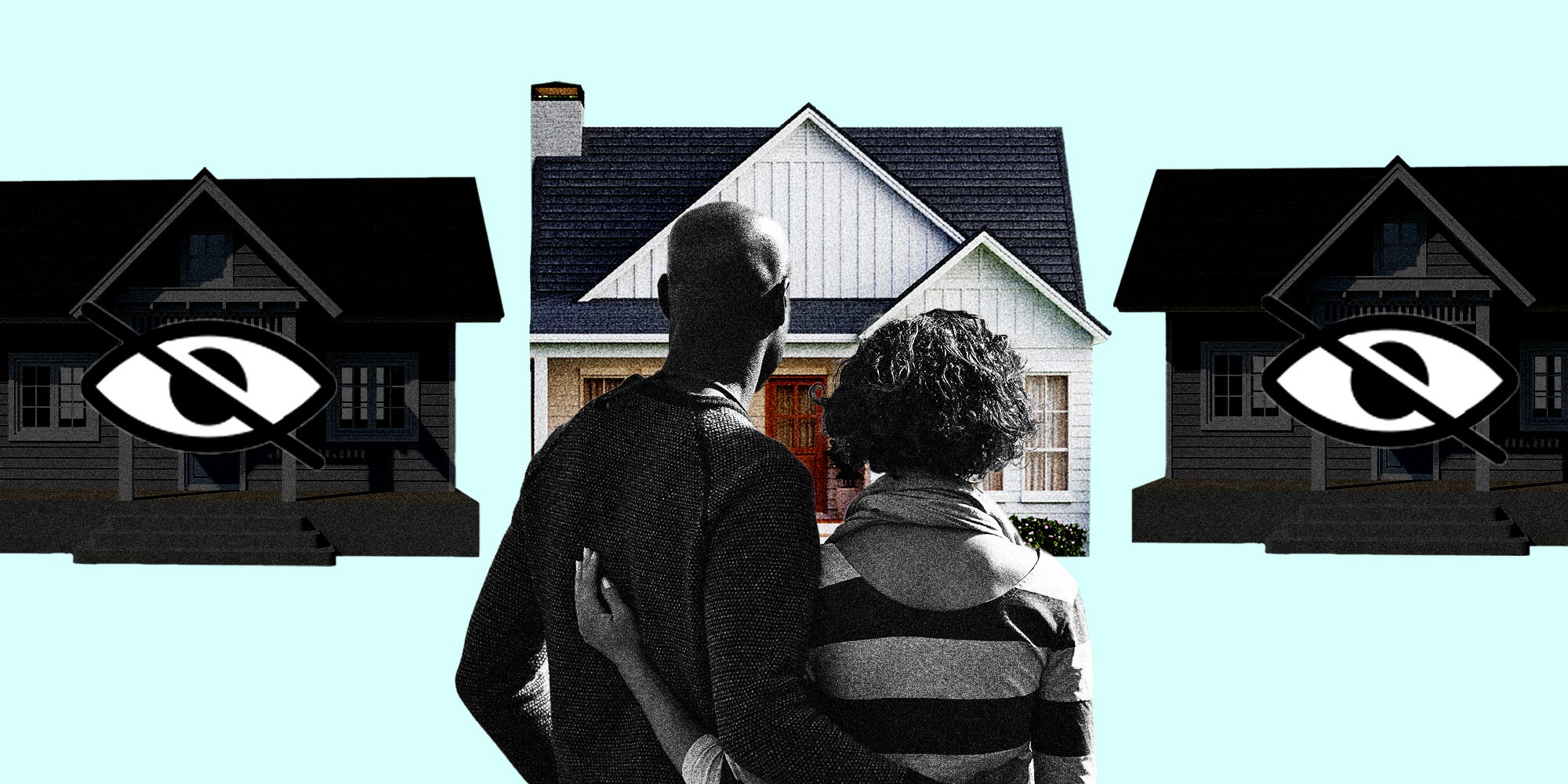 Couple looking at a house with two houses on both sides that are darkened and have a eye hidden icon on them
