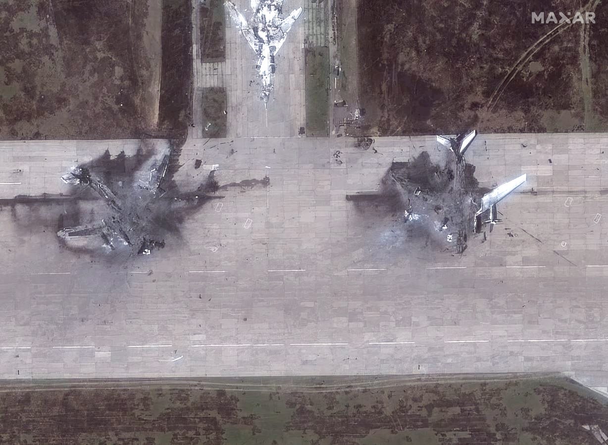 A close-up view of destroyed Tu-95 aircraft at the Belaya airbase on Wednesday.